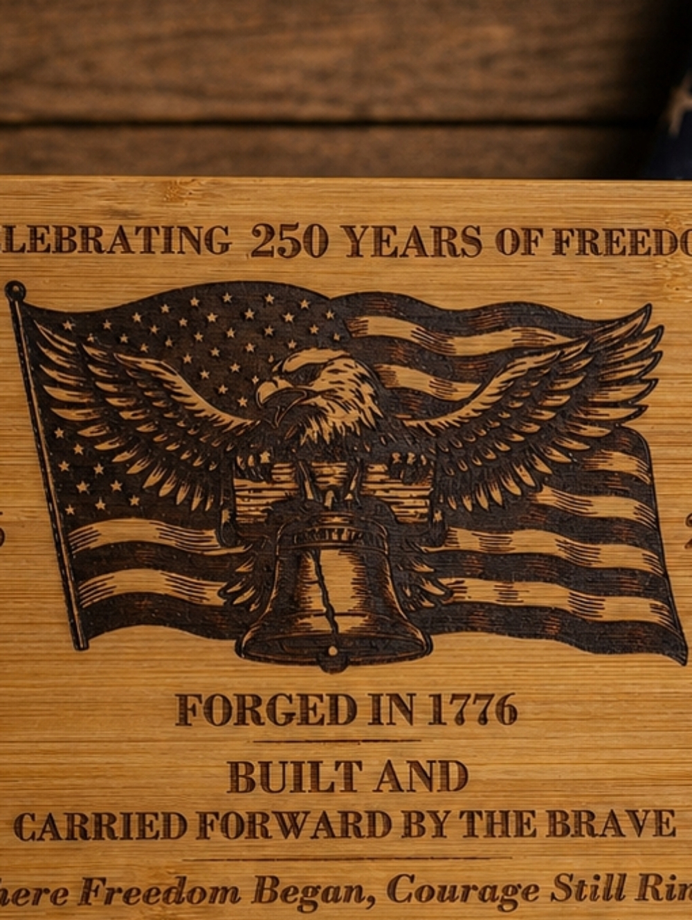 Patriotic Eagle & Liberty bell Engraved Bamboo Plaque - Natural Wood - Picture 3 of 3